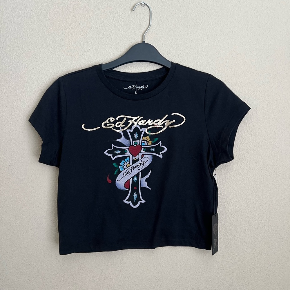 Ed Hardy Black Tee with Colorful Cross Design